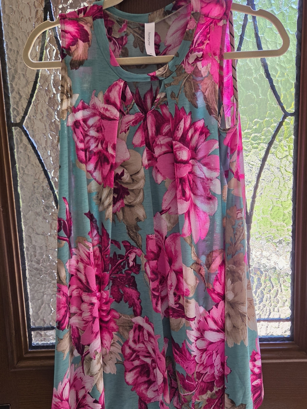 Womens Floral Tank Top- Pink Floral on Teal - Unknown Brand